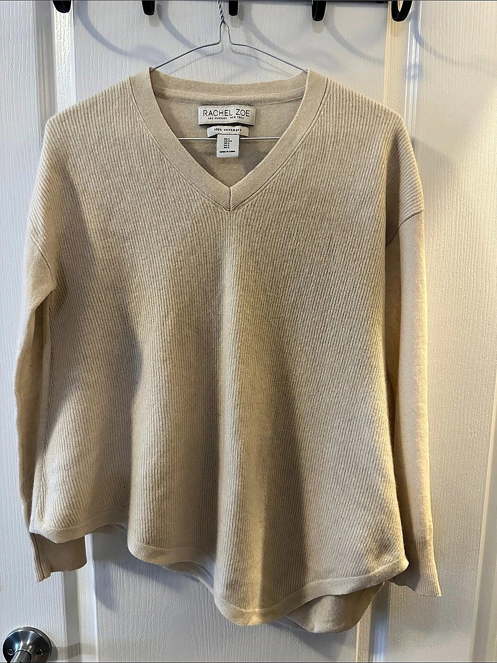 Rachel Zoe Cashmere Asymmetric V-Neck Sweater Cream Small